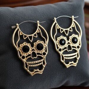Piper K Sugar Skull Earrings Gold Tone Black Eye Large Statement Jewelry NIB